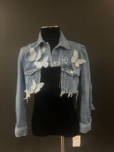 Load image into Gallery viewer, hand crafted butterfly cropped denim
